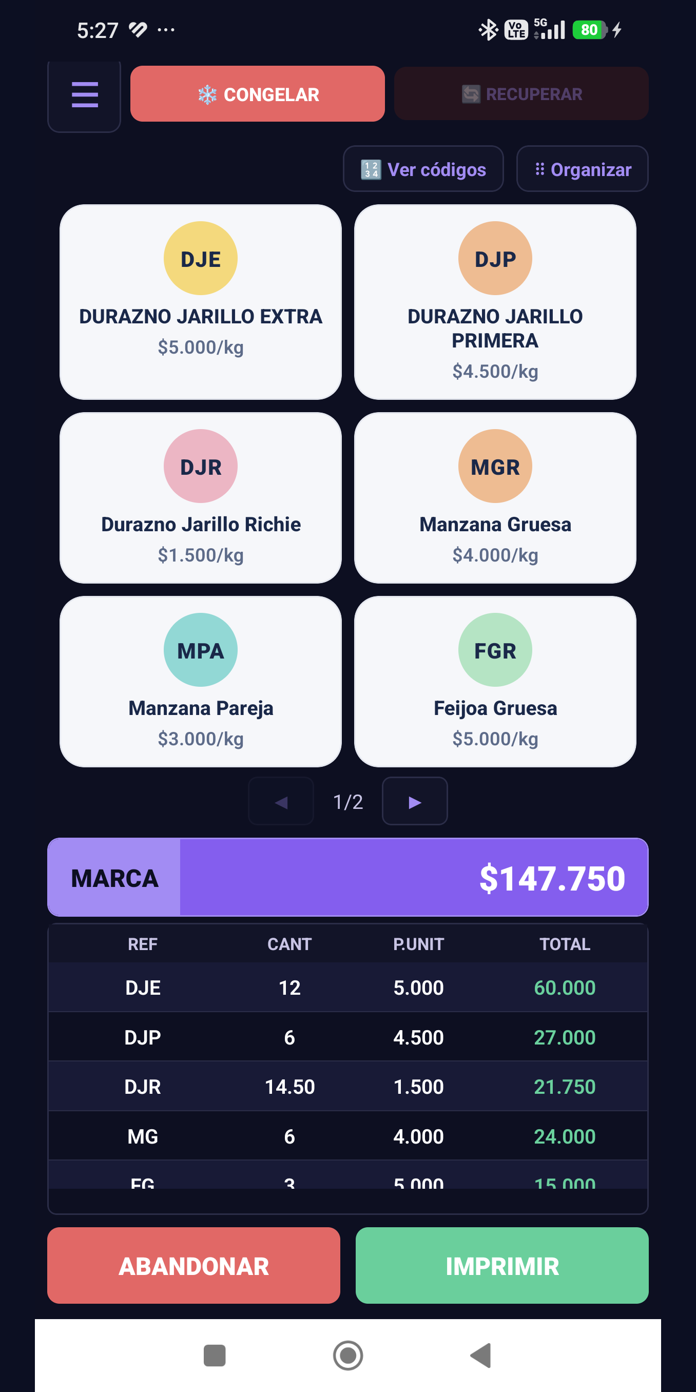 Pantalla de ventas con 14,50 kg