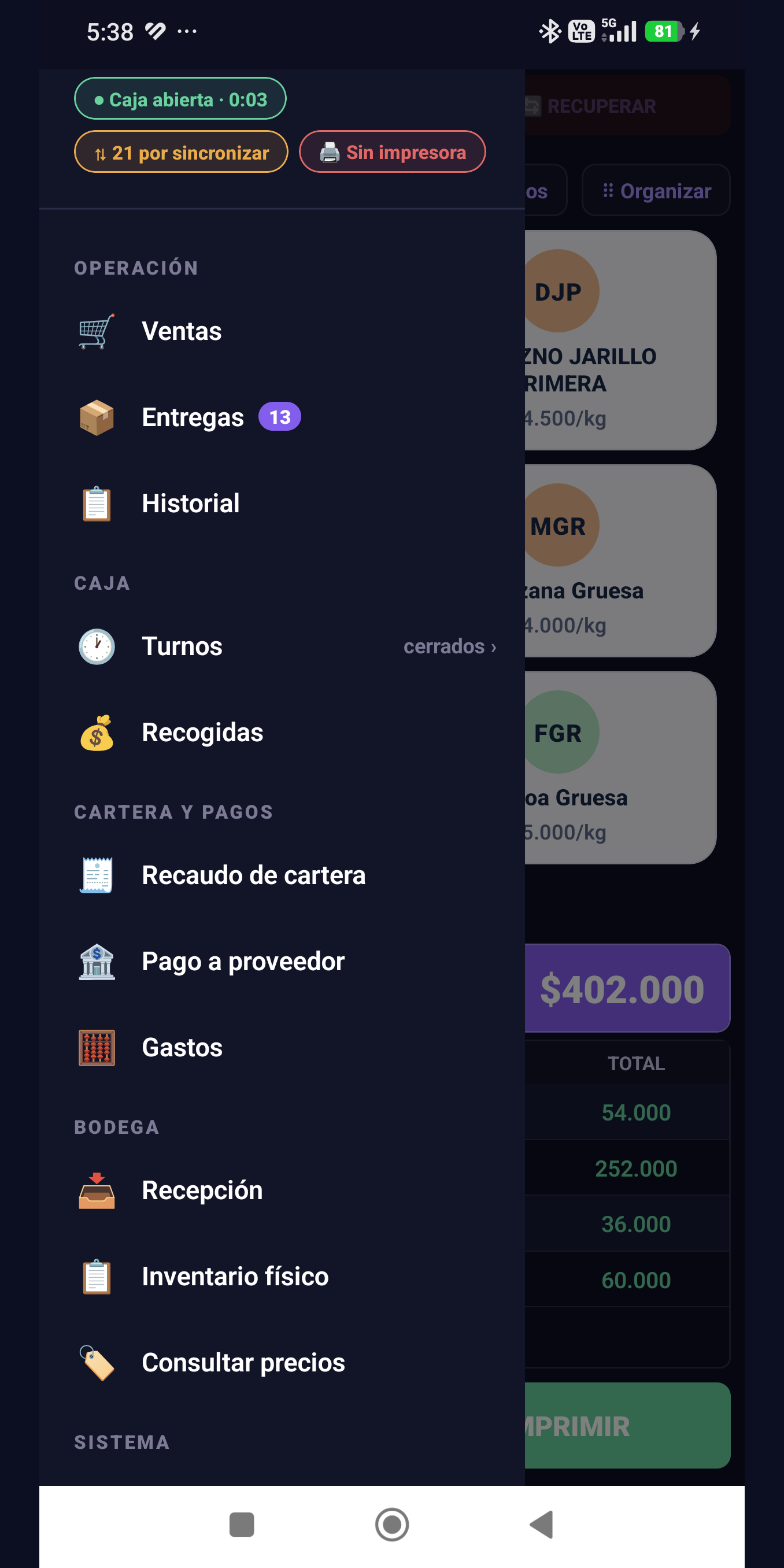 Menú completo de la app del vendedor